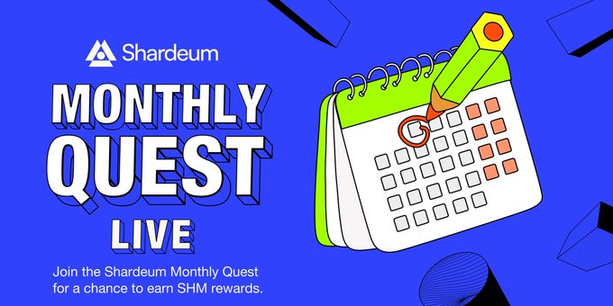 A promotional graphic for Shardeum's "Monthly Quest Live" featuring a calendar and pencil illustration on a blue background, with text inviting users to join the quest for a chance to earn SHM rewards—aligning with the post's message that the June Quest is ending soon with rewards of 220,000 SHM for new users and 325,000 SHM for referrals.