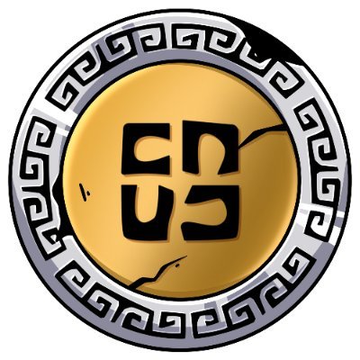 A golden coin-like emblem with a swastika symbol at its center, surrounded by a decorative Greek-key style border pattern.