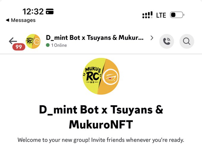 A mobile phone screenshot of a Facebook Messenger group chat titled 'D_mint Bot x Tsuyans & MukuroNFT' with 1 online and 99 notifications, featuring a split yellow/orange logo with cartoon eyes.