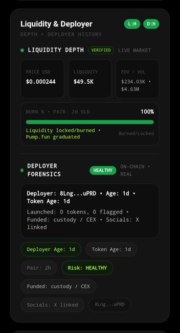 A cryptocurrency analytics dashboard titled 'Liquidity & Deployer' showing a 'VERIFIED' liquidity depth of $49.5K with a price of $0.000244, a fully burned 100% lock, and a 'HEALTHY' on-chain deployer forensics check for token '8Lng...uPRD'.