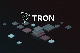 The TRON (TRX) cryptocurrency logo displayed over a 3D geometric background of floating cubes.