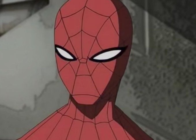 A close-up illustration of a comic-style Spider-Man character with a serious expression, featuring the classic red suit with web patterns and large white eyes.
