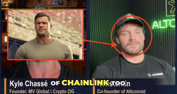 A podcast or video screenshot showing Kyle Chassé of ChainLink (founder of MV Global) on the left and the co-founder of Altcoinist on the right, with a red arrow connecting them.