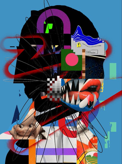 The image features a digital art piece that depicts an abstract face with various elements, including a mouth filled with teeth, a skull, and a bunch of different colors. The artwork is displayed against a blue background, which contrasts with the black silhouette of the person's head. The composition includes multiple objects such as a bird, a fish, and a flower, adding to the complexity and visual interest of the piece.