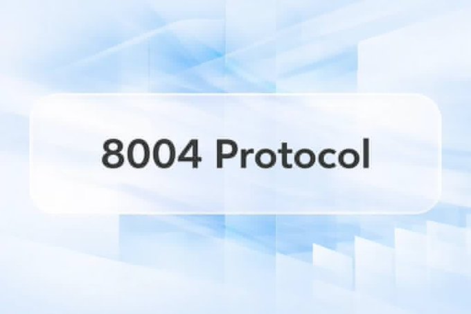 A title card with the text '8004 Protocol' centered on a white rounded rectangle against a light blue, abstract background.
