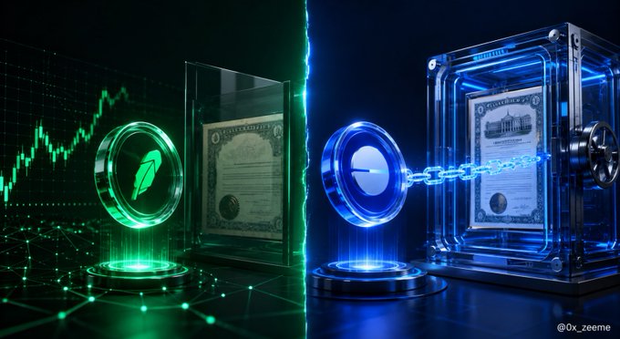 A digital artwork from @0x_zeeme depicting two cryptocurrency coins—one with a rocket symbol and one resembling XRP—facing each other with a stock certificate and vault between them.