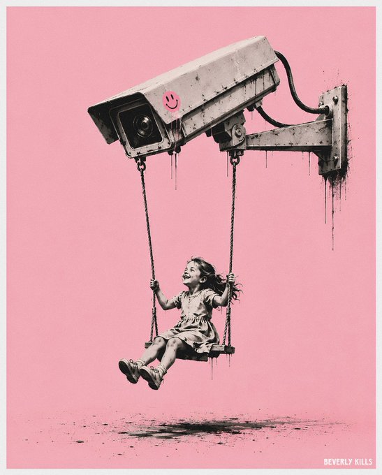 A street art-style illustration by Beverly Kills showing a smiling girl on a swing that hangs from a surveillance camera on a pink background.