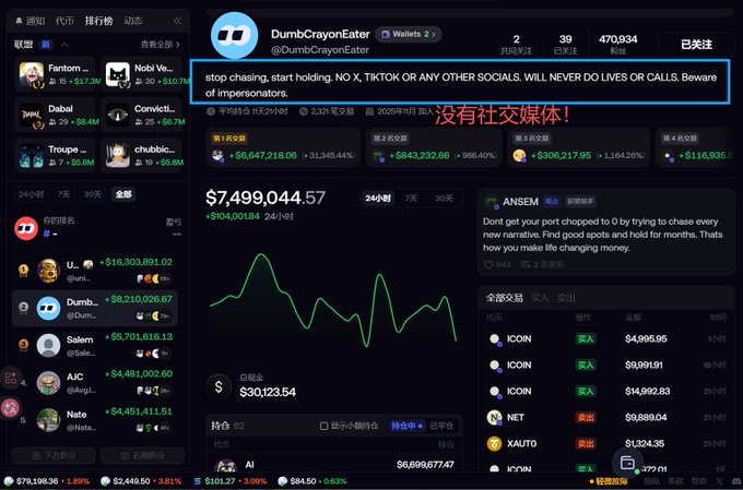 A cryptocurrency trading profile page for 'DumbCrayonEater' (@DumbCrayonEater) showing a portfolio value of $7,499,044.57, with a highlighted message warning followers: 'stop chasing, start holding. NO X, TIKTOK OR ANY OTHER SOCIALS. WILL NEVER DO LIVES OR CALLS. Beware of impersonators.'