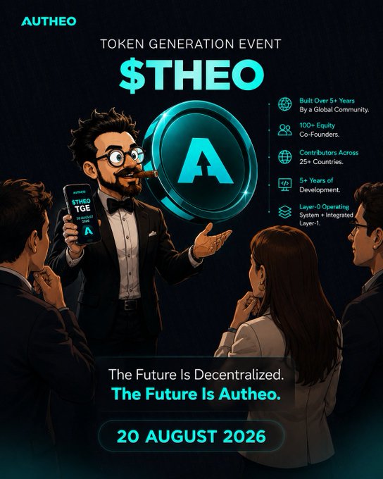 A promotional poster for Autheo's $THEO Token Generation Event on 20 August 2026, featuring a tuxedoed cartoon mascot holding a smartphone displaying the token, alongside a glowing $THEO coin and key stats including "Built Over 5+ Years By a Global Community," "100+ Equity Co-Founders," "Contributors Across 25+ Countries," "5+ Years of Development," and a "Layer-0 Operating System + Integrated Layer-1," with the tagline "The Future Is Decentralized. The Future Is Autheo." The image visually reinforces the post's TGE announcement, highlighting Autheo's branding and the launch date while emphasizing the project's foundational development narrative.
