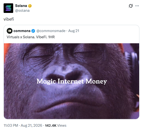 A tweet from Solana (@solana) replying 'vibefi' to a Commons (@commonsmade) post featuring a close-up gorilla image with the text 'Magic Internet Money'.