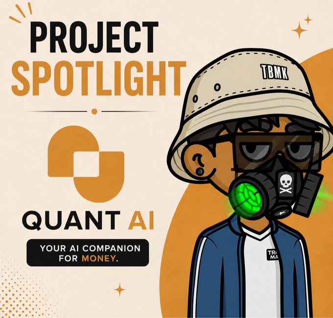 A "Project Spotlight" promotional graphic for Quant AI, featuring a cartoon character in a beige "TBMK" cap, glasses, and a gas mask, alongside the tagline "Your AI Companion for Money" and the handle @tryquantio.