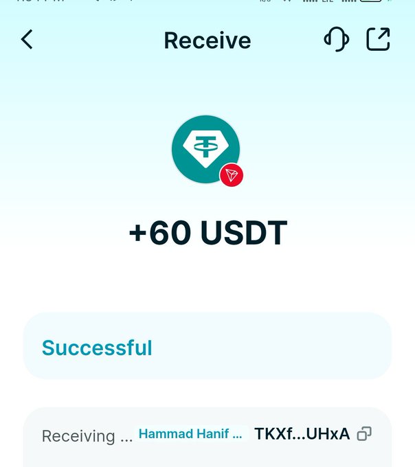 A mobile cryptocurrency wallet screenshot showing a successful receipt of +60 USDT on the Tether (TRC-20) network from Hammad Hanif.
