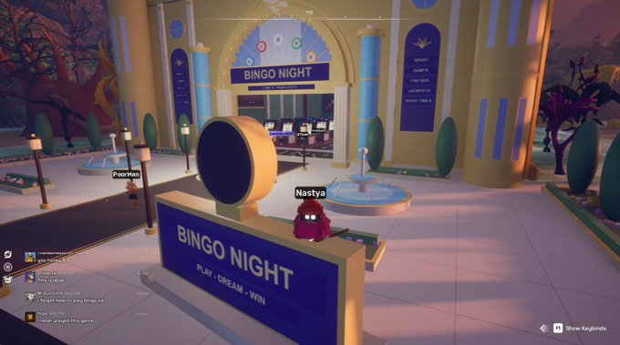 A screenshot from a video game showing a virtual "BINGO NIGHT PLAY - DREAM - WIN" event with player avatars "Poor Man" and "Nastya" near a fountain.