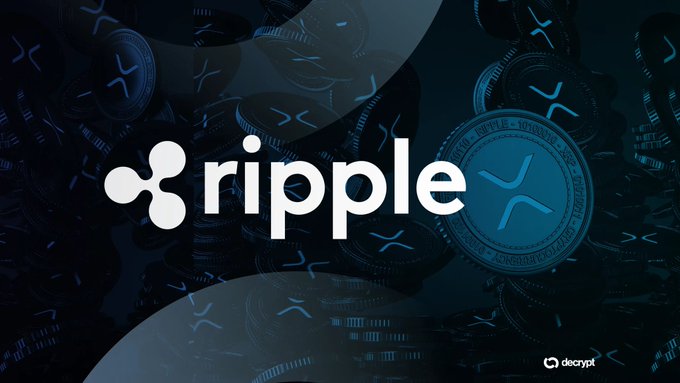 The Ripple (XRP) cryptocurrency logo displayed over a background of dark coins with the XRP symbol, credited to decrypt.