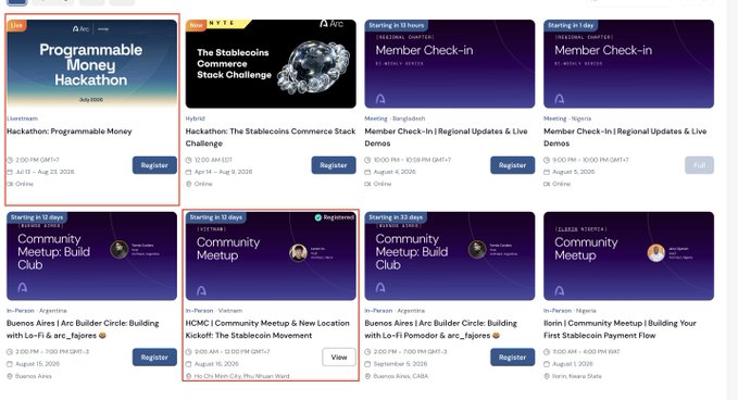 A grid of event listings on a website, featuring various online and in-person meetups and hackathons, including "Hackathon: Programmable Money" and "Hackathon: The Stablecoins Commerce Stack Challenge," with dates from July to September 2026.