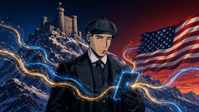 An illustrated portrait shows a man in a suit and cap holding a glowing phone, with a castle and American flag behind him, surrounded by golden and blue energy streaks.