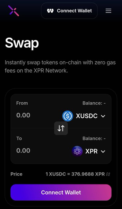 A dark-themed mobile swap interface on the XPR Network showing zero balances, converting between XUSDC and XPR at a rate of 1 XUSDC = 376.9688 XPR, with a "Connect Wallet" button at the bottom. The image illustrates the first step described in the post—bridging USDC to XUSDC on the XPR Network before connecting WebAuth.