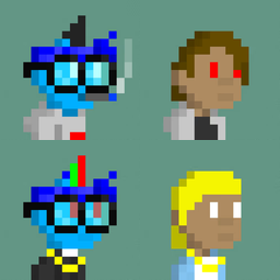 A 2x2 grid of pixel art character busts on a teal background, depicting blue-haired and blonde figures in various outfits.