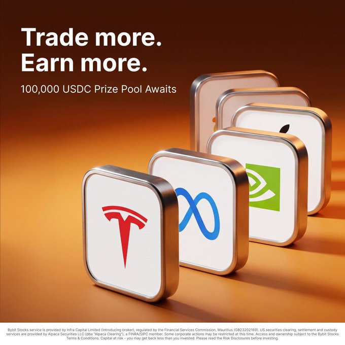 A promotional advertisement with the text "Trade more. Earn more. 100,000 USDC Prize Pool Awaits", featuring 3D icons resembling stock logos for Tesla, Meta, and Nvidia, with Bybit Stocks disclaimer text at the bottom.