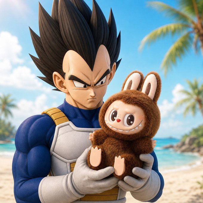 A 3D-rendered illustration of Vegeta from Dragon Ball Z holding a brown fuzzy Labubu-style plush toy while standing on a tropical beach with palm trees.