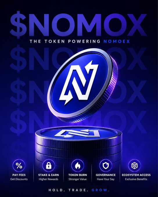 A promotional graphic for '$NOMOX' cryptocurrency token, displaying a blue coin with an 'N' logo and listing features: 'PAY FEES - Get Discounts', 'STAKE & EARN - Higher Rewards', 'TOKEN BURN - Stronger Value', 'GOVERNANCE - Have Your Say', and 'ECOSYSTEM ACCESS - Exclusive Benefits', with the tagline 'HOLD. TRADE. GROW.'