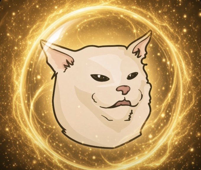 A cartoon cat head with a smug smile floating inside a glowing, golden portal or orb.