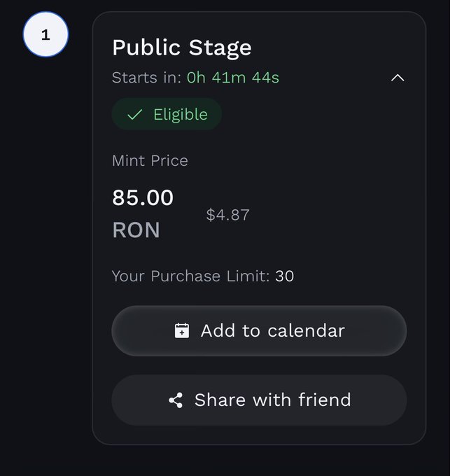 The image displays a countdown for a "Public Stage" mint starting in 0h 41m 44s, with an "Eligible" status, a mint price of 85.00 RON (~$4.87), and a purchase limit of 30—reinforcing the post's urgency that the mint is happening in under an hour.