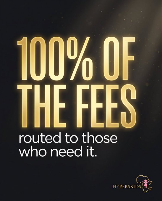 A graphic with gold text reading '100% OF THE FEES routed to those who need it.' with a 'HYPERSKIDS' logo in the bottom right.