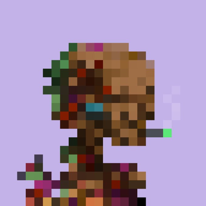 A pixel art profile of a figure with green hair smoking a cigarette against a lavender background. The image visually represents one of the "Argonauts" NFT collection by @lphaCentauriKid mentioned in the post, showcasing the on-chain pixelated aesthetic that makes the collection notable.