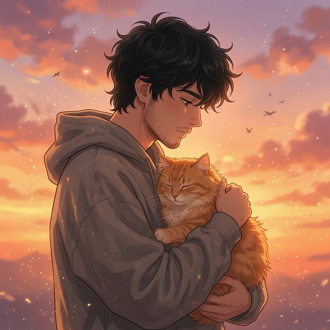 The image features a man holding an orange cat, both of them standing under a sunset sky with clouds. The man appears to be wearing a hoodie while the cat has its paws around his neck. The background shows a beautiful sunset over a mountain range, creating a serene and picturesque scene.