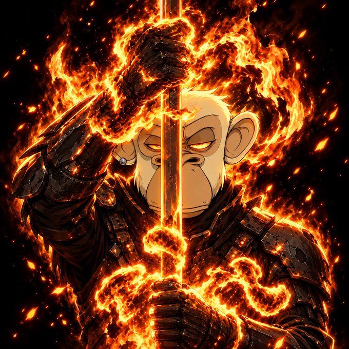 A cartoon monkey warrior clad in dark armor wields a glowing sword engulfed in blazing flames, surrounded by fiery embers and sparks against a black background. The image's intense, battle-ready theme visually reinforces the CS:GO (CS2) gambling post, which advertises a $25 max deposit/bet offer on a coin flip or jackpot site with adds (additional players) needed within 12 hours.