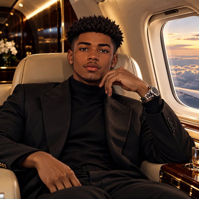 A young man in a sleek black suit and turtleneck sits confidently in a luxury private jet, resting his chin on his hand while wearing a stylish silver watch, with a sunset sky visible through the window behind him. The image of luxury and success complements the post's message, "Wishing you all a profitable week.🤍," evoking aspirations of wealth and achievement.