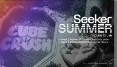 The image is a promotional graphic for the "Seeker Summer Cube Crush" 3D Match-3 game on Solana Mobile, featuring a "Connect Your Seed Vault Wallet" tutorial badge with stylized 3D cube graphics and a character character labeled as Cube Crush. It relates to the post by advertising the new Seeker Summer badge quest, which tasks players with completing two missions—Square Off and Unlock Momo—as part of the Cube Crush mini-game experience on the Solana Mobile platform.