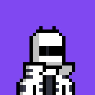 A pixel art character wearing a white and gray hooded outfit with a black visor against a purple background.