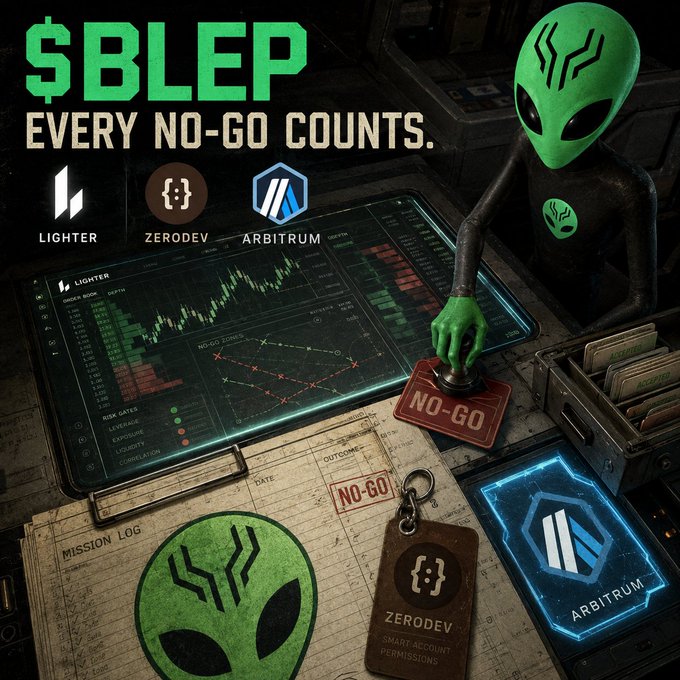 A promotional graphic for '$BLEP' features a green alien figure stamping 'NO-GO' on documents, with logos for Lighter, ZeroDev, and Arbitrum visible alongside a tablet showing trading charts.
