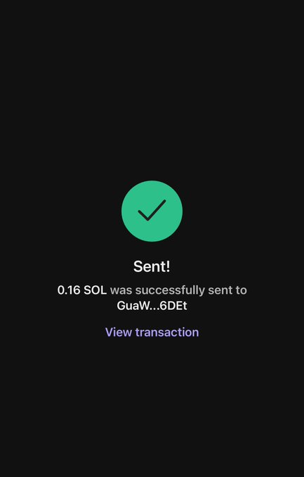 The image shows a black background with a green checkmark symbolizing that a transaction has been successfully sent. The text below the checkmark reads "Sent!", indicating that the sender has completed their transaction. The image also includes a caption that reads "Hey @XLmeta_x i sent you solana Who is next ? Like and retweet my last 10 posts". This message is likely related to the post about the successful transaction, as it mentions the sender's name and the recipient of the message.