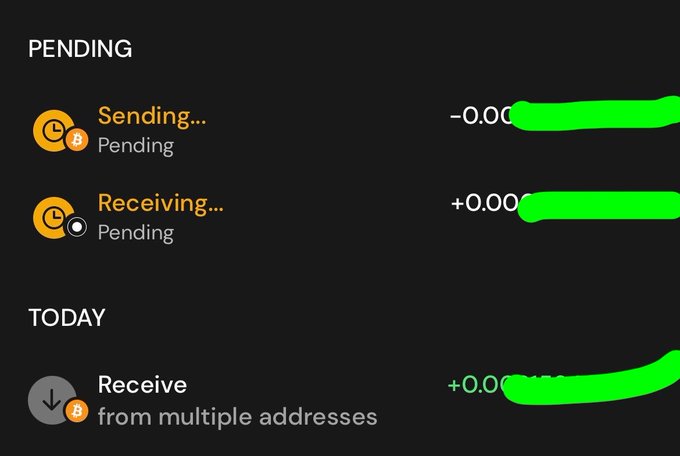 A dark-themed cryptocurrency wallet interface showing "PENDING" transactions labeled "Sending..." and "Receiving..." and a "TODAY" section for "Receive from multiple addresses", with amounts obscured by green marks.