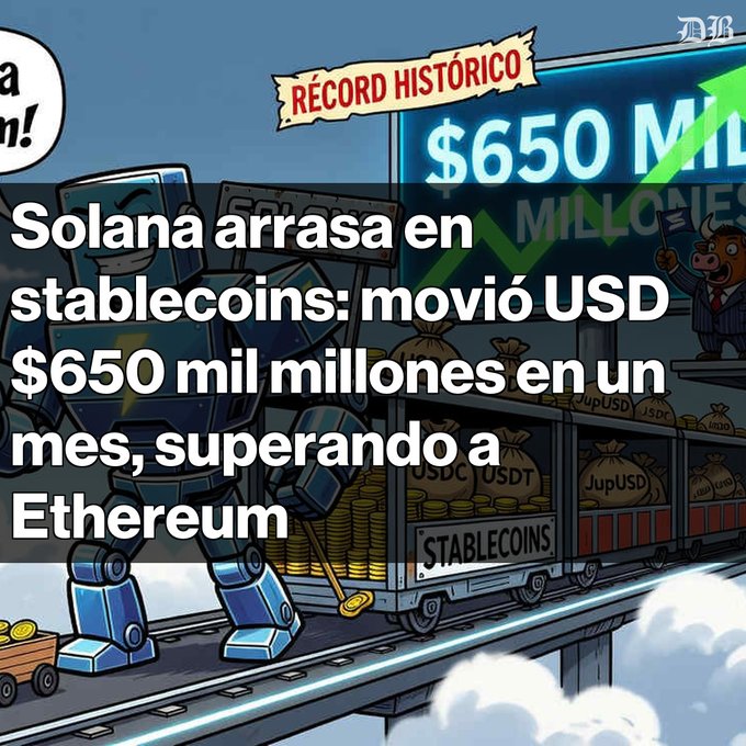 An illustration of a train carrying stablecoins with overlaid Spanish text reading 'Solana arrasa en stablecoins: movió USD $650 mil millones en un mes, superando a Ethereum'.