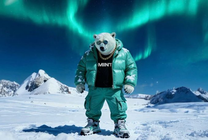 MINT bear mascot in teal puffer jacket standing in snow with aurora borealis in background