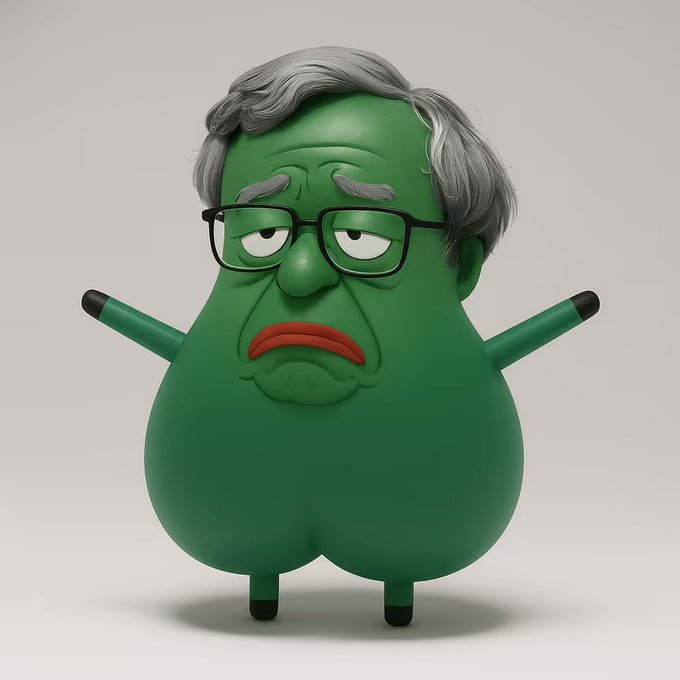 A 3D-rendered cartoon figure with a green pear-shaped body, gray hair, glasses, and a sad expression, standing with arms outstretched.