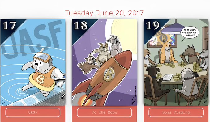 A three-panel comic titled 'Tuesday June 20, 2017' featuring panels labeled 'UASF', 'To The Moon', and 'Dogs Trading', depicting dogs in crypto-themed scenarios including mining, riding a Bitcoin rocket, and playing poker.