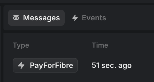 A dark-themed app interface showing an 'Events' tab with a 'PayForFibre' notification logged 51 seconds ago.