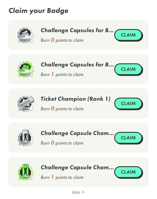 A "Claim your Badge" interface showing various challenge badges with green CLAIM buttons and point costs listed for each.