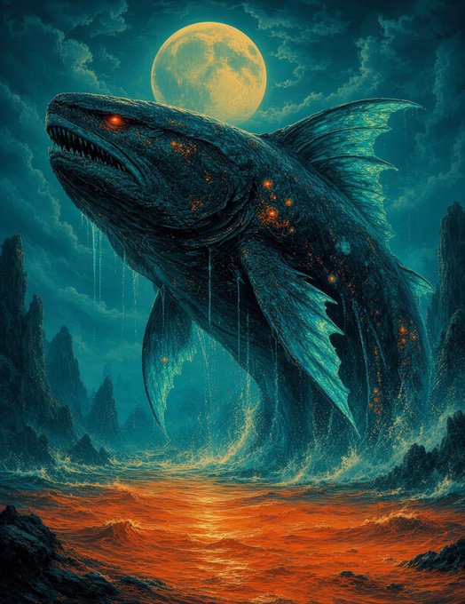 A dark fantasy digital illustration depicts a massive, monstrous fish-like creature with glowing orange eyes and scales leaping from lava beneath a full moon.