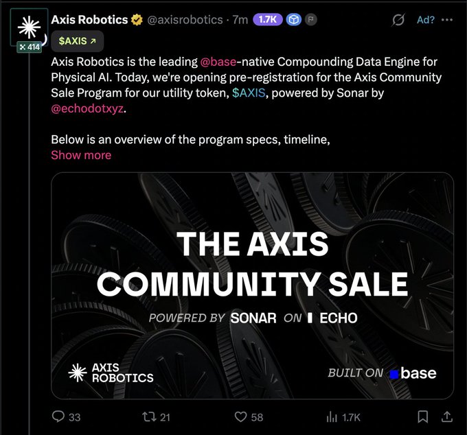 A Twitter/X post from Axis Robotics (@axisrobotics) promoting "THE AXIS COMMUNITY SALE POWERED BY SONAR ON ECHO" for their $AXIS utility token built on Base.
