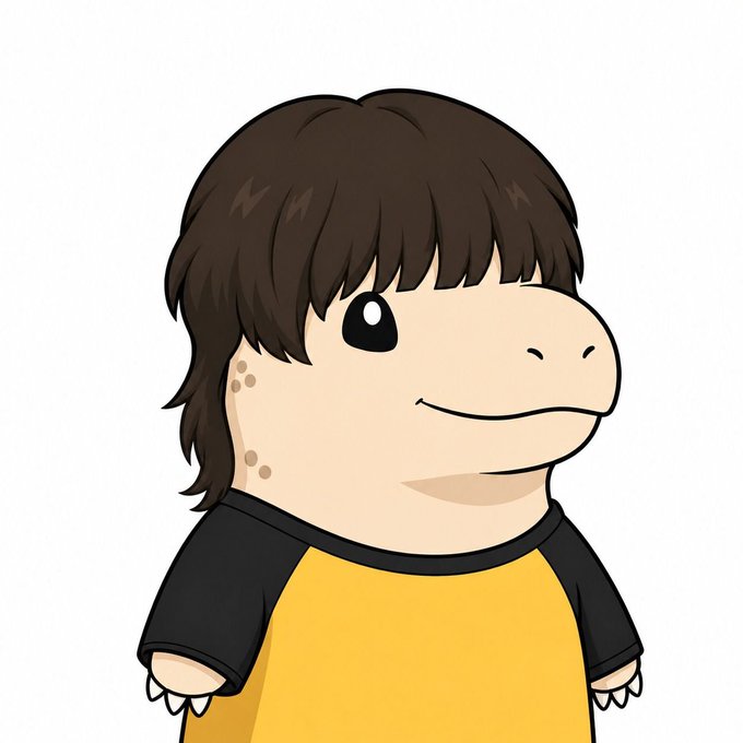 An illustration of a brown-haired dinosaur-like character wearing a yellow and black shirt with small teeth showing.