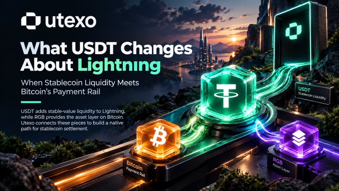 A promotional graphic for Utexo titled "What USDT Changes About Lightning," showing glowing cubes labeled Bitcoin Payment Rail, RGB Asset Layer, and USDT Stablecoin Liquidity flowing through a futuristic landscape.