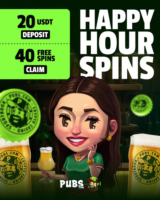 The image shows a "HAPPY HOUR SPINS" promotional graphic for Pubs.com Casino, featuring a cartoon woman holding a cocktail with green "20 USDT DEPOSIT" and "40 FREE SPINS CLAIM" badges. This visually represents the advertised Wednesday deal of 20 USDT for 40 spins at Pubs Casino.