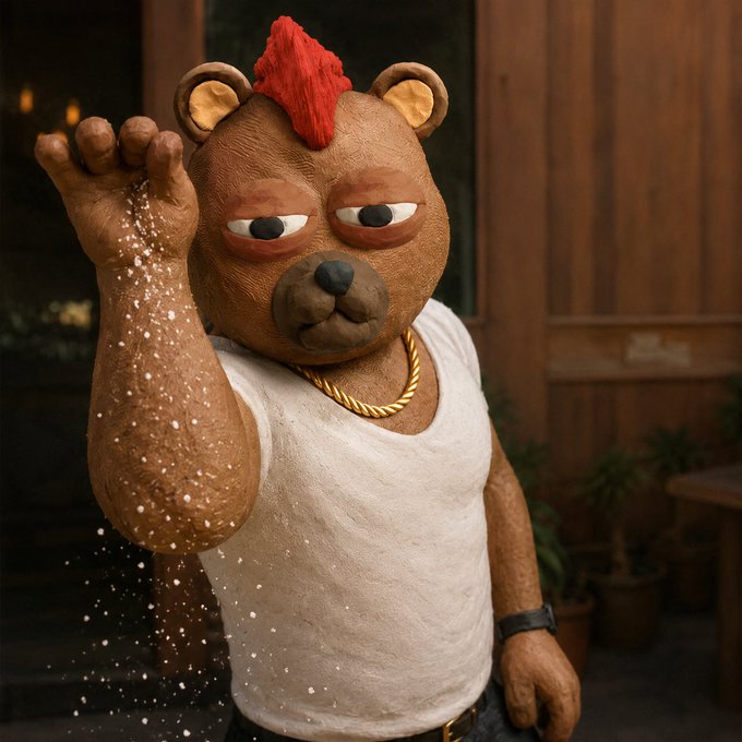 A 3D rendered anthropomorphic bear character with a red mohawk, gold chain, and white tank top sprinkling white powder from its raised hand.