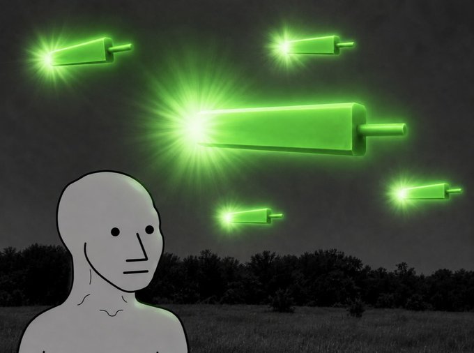 An illustration of a pale, faceless humanoid figure standing in a dark field, observing glowing green cylindrical objects, resembling futuristic projectiles, flying through the night sky.